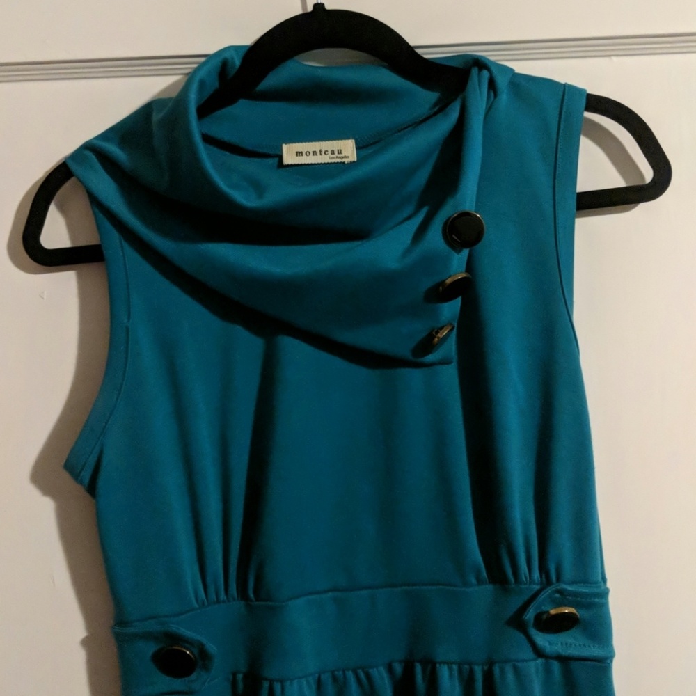 Teal dress with asymmetrical front detail